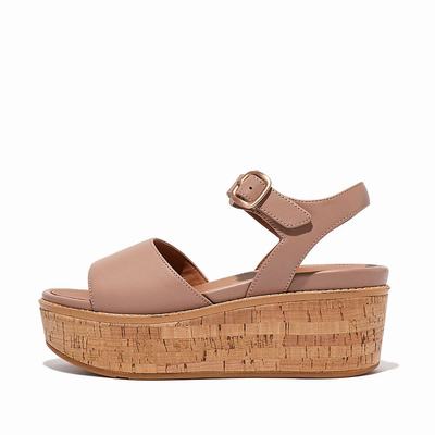 Beige Women's Fitflop ELOISE Cork-Wrap Leather Wedge Sandals | GX4310792