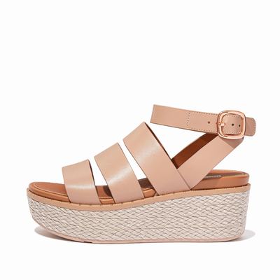 Beige Women's Fitflop ELOISE Espadrille Leather Wedge Sandals | PE4237190