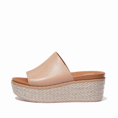 Beige Women's Fitflop ELOISE Espadrille Leather Wedge Slides Sandals | UF8567432