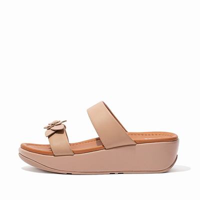 Beige Women's Fitflop FINO Floral Leather Slides Sandals | HP6049718