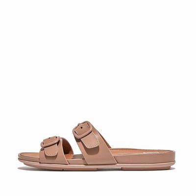 Beige Women's Fitflop GRACIE Buckle Two-Bar Leather Slides Sandals | QB1892643