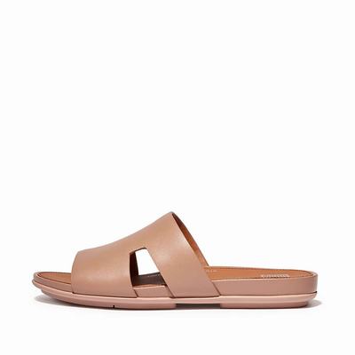 Beige Women's Fitflop GRACIE Leather Slides With Toe-Post Sandals | KH6802491