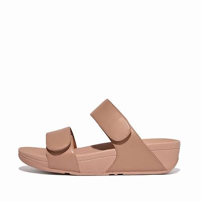 Beige Women's Fitflop LULU Adjustable Leather Slides Sandals | VU7652401