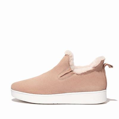 Beige Women's Fitflop RALLY Shearling-Lined Suede Slip-On Sneakers | VZ5761043