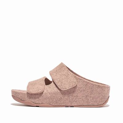 Beige Women's Fitflop SHUV E01 Adjustable Two-Bar Felt Slides Sandals | FW0297135