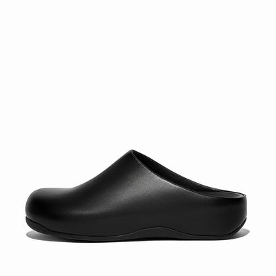 Black Men's Fitflop SHUV Leather Clogs | OK4652078