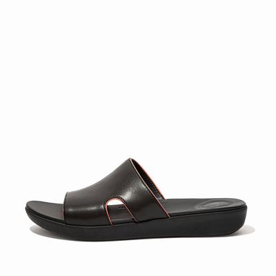 Black/Pink Women's Fitflop H-Bar Pop Binding Leather Slides Sandals | IL8041279