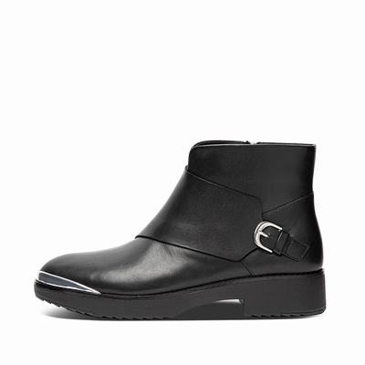 Black Women's Fitflop CHIARRA Buckle Leather Ankle Boots | PO4802761