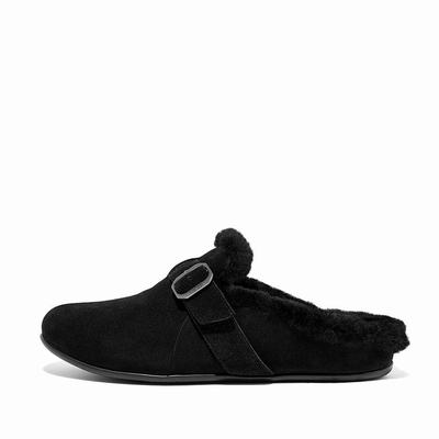 Black Women's Fitflop CHRISSIE Buckle Shearling-Lined Suede Slippers | WF3810259