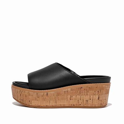 Black Women's Fitflop ELOISE Cork-Wrap Leather Wedge Slides Sandals | EY9371540