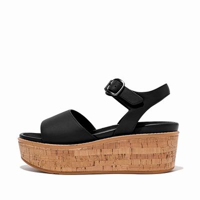 Black Women's Fitflop ELOISE Cork-Wrap Leather Wedge Sandals | TY5804631