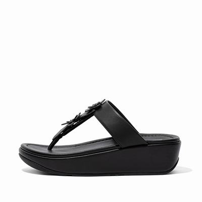 Black Women's Fitflop FINO Floral Leather Toe-Post Sandals | VM2953718