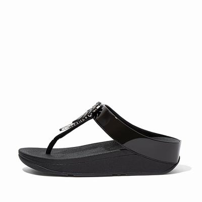 Black Women's Fitflop FINO Jungle Leaf Patent Toe-Post Sandals | RE4603571