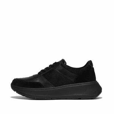 Black Women's Fitflop F-MODE Leather/Mesh Flatform Sneakers | RC9604185