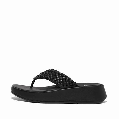 Black Women's Fitflop F-MODE Woven Leather Flatform Toe-Post Sandals | KW8032649