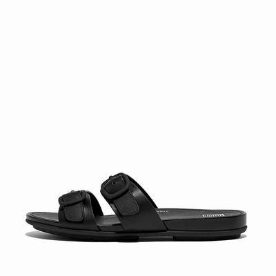 Black Women's Fitflop GRACIE Buckle Two-Bar Leather Slides Sandals | UI1490652