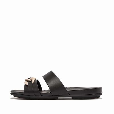 Black Women's Fitflop GRACIE Chain Leather Two-Bar Slides Sandals | JL6215048