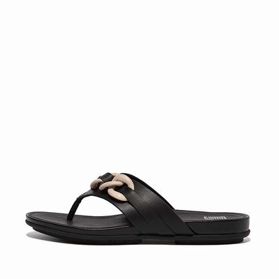 Black Women's Fitflop GRACIE Chain Leather Toe-Post Sandals | JW5620934