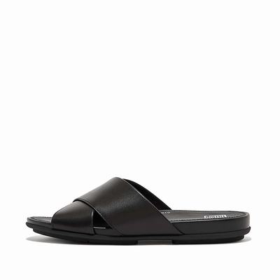 Black Women's Fitflop GRACIE Leather Cross Slides Sandals | NI0538142