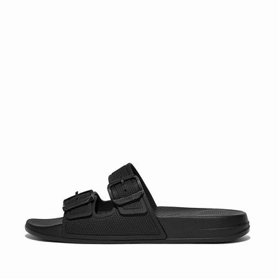 Black Women's Fitflop IQUSHION Two-Bar Buckle Slides | EI2830914