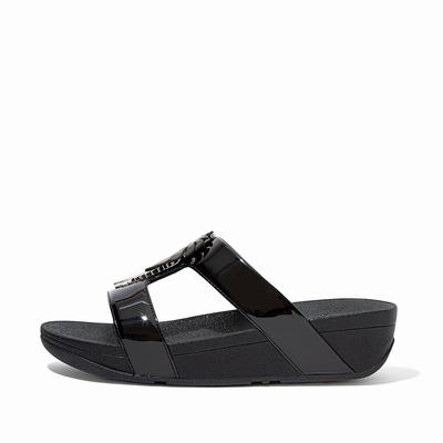 Black Women's Fitflop LOTTIE Jungle Leaf Patent Slides Sandals | JF5620743