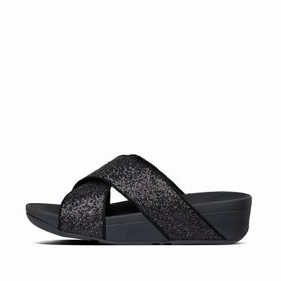 Black Women's Fitflop LULU Glitter Cross Slides Sandals | VP4386971