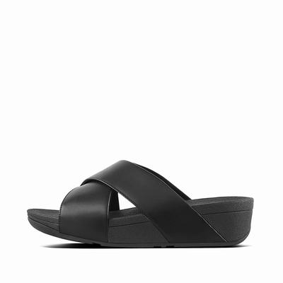 Black Women's Fitflop LULU Leather Cross Slides Sandals | XU5863921