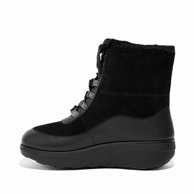 Black Women's Fitflop MUKLUK Shearling-Lined Laced Ankle Boots | ZK2837915