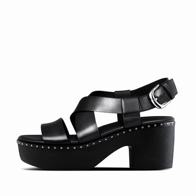 Black Women's Fitflop PILAR Leather Back-Strap Platform Sandals | RL9756482