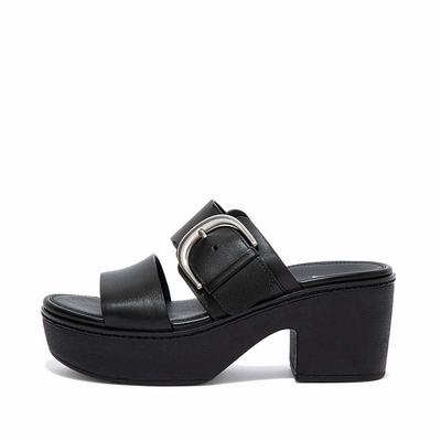 Black Women's Fitflop PILAR Leather Slide Platform Sandals | FP3204516