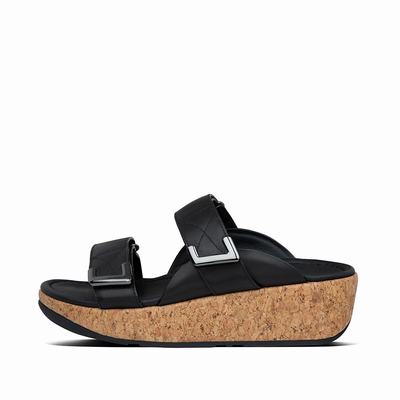 Black Women's Fitflop REMI Adjustable Leather Slides Sandals | ZA6075128