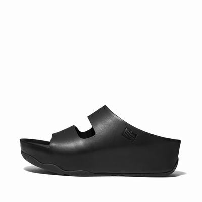 Black Women's Fitflop SHUV Two-Bar Leather Slides Sandals | JM9270586