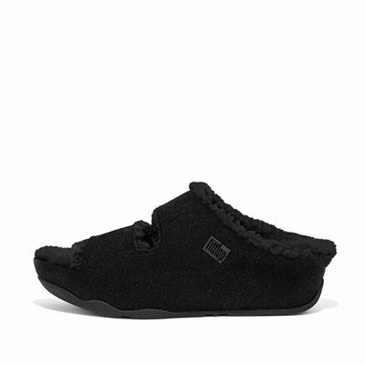 Black Women's Fitflop SHUV Two-Bar Shearling Suede Slides Slippers | BX6593140