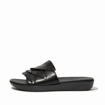 Black Women's Fitflop SOLA Feather Metallic Leather Slides Sandals | YX2519706