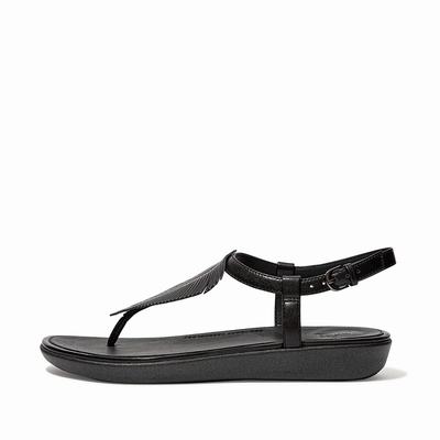 Black Women's Fitflop TIA Feather Metallic Leather Back-Strap Sandals | RL0678143