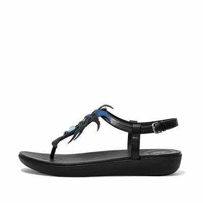 Black Women's Fitflop TIA Jewel Feather Leather Back-Strap Sandals | UQ0921438