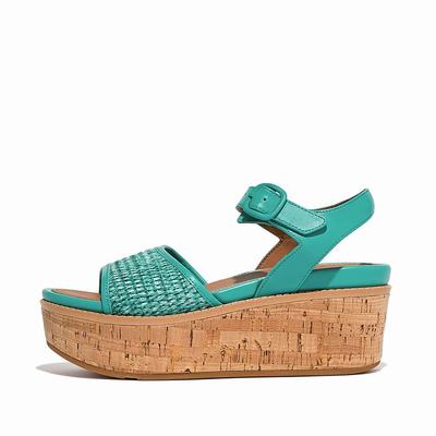 Blue/White Women's Fitflop ELOISE Cork-Wrap Woven Back-Strap Wedge Sandals | FY2548703