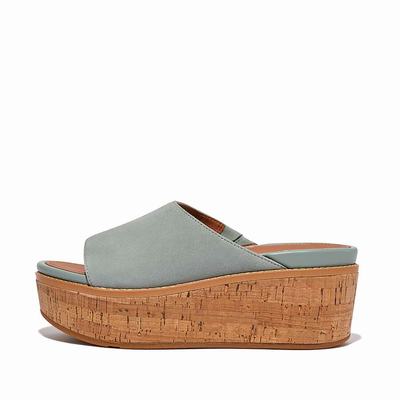 Blue Women's Fitflop ELOISE Cork-Wrap Suede Wedge Slides Sandals | DS7021395