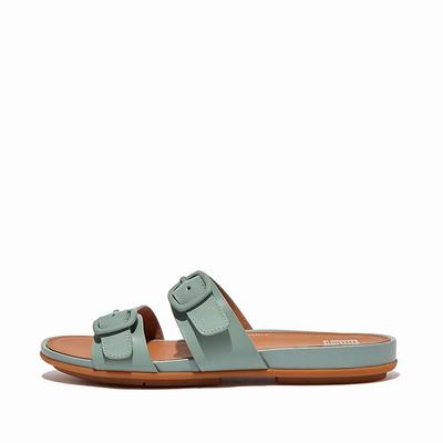 Blue Women's Fitflop GRACIE Buckle Two-Bar Leather Slides Sandals | IZ9238104