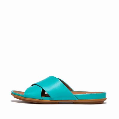 Blue Women's Fitflop GRACIE Leather Cross Slides Sandals | EN4510293