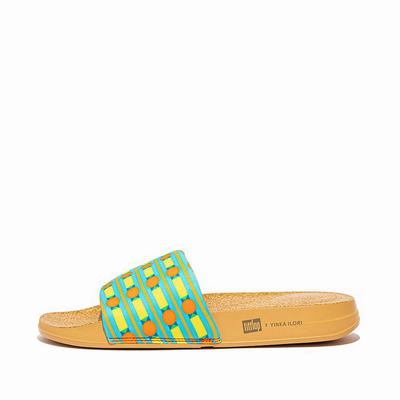 Blue/Yellow Women's Fitflop IQUSHION X Yinka Ilori Water-Resistant Slides | NC5719802