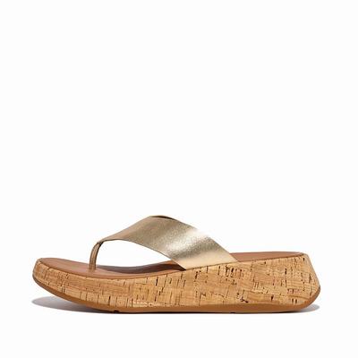 Brown/Gold Women's Fitflop F-MODE Metallic Leather/Cork Flatform Toe-Post Sandals | FB4521370