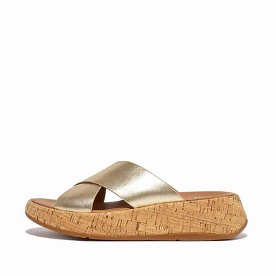 Brown/Gold Women's Fitflop F-MODE Metallic Leather/Cork Flatform Cross Slides Sandals | JS3509146