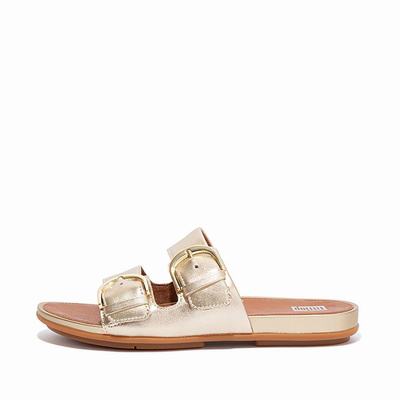 Brown/Gold Women's Fitflop GRACIE Buckle Metallic Leather Slides Sandals | TI0523864