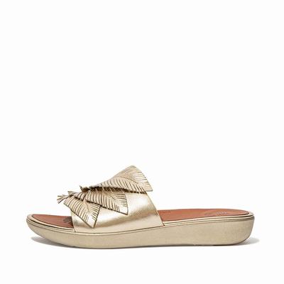 Brown/Gold Women's Fitflop SOLA Feather Metallic Leather Slides Sandals | CA3754891