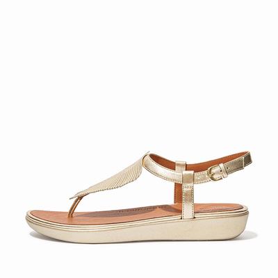 Brown/Gold Women's Fitflop TIA Feather Metallic Leather Back-Strap Sandals | QV0513986