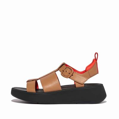 Brown/Orange Women's Fitflop F-MODE Neon-Pop Leather Flatform Fisherman Sandals | PV1628574