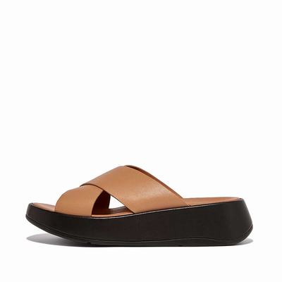 Brown Women's Fitflop F-MODE Luxe Leather Flatform Cross Slides Sandals | OZ1624739