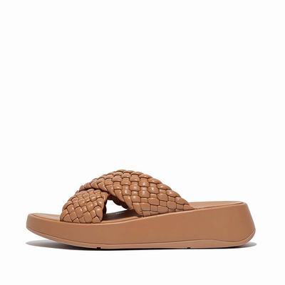 Brown Women's Fitflop F-MODE Woven Leather Flatform Cross Slides Sandals | BM0962473