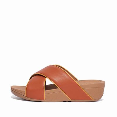 Brown Women's Fitflop LULU Pop Binding Leather Cross Slides Sandals | TN1765308